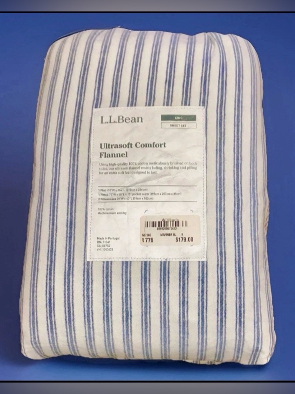L. L. Bean Ultrasoft Comfort Flannel King Sheet Set Ticking Stripe Mariner Blue